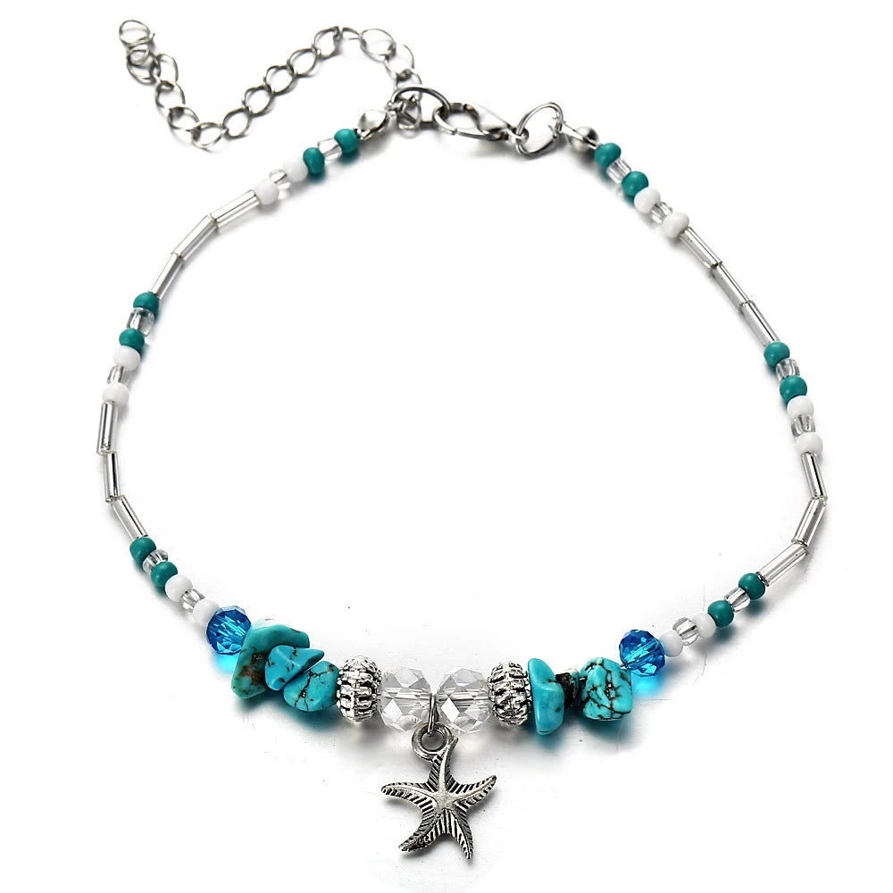 SUMENG Böhmische Vintage-Fußkettchen mit Muschelperlen, Seesternen, Meeresschildkröten, neues mehrschichtiges Fußkettchen, Beinarmband, handgefertigter Schmuck für Frauen