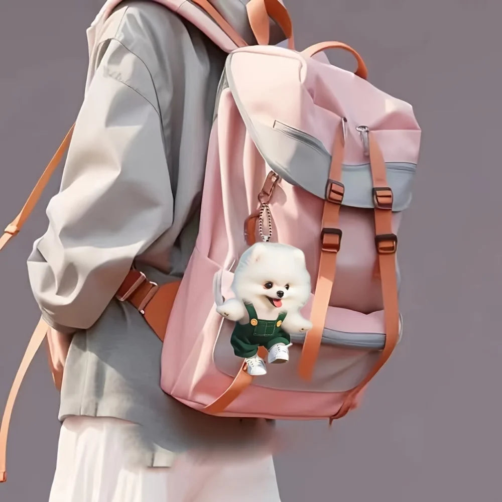 Rompers Dressed Pomeranian Dog Pendant Keychain,Cute Puppy 2D Flat Acrylic Ornament,Hanging Decoration for Car,Bags,Festive,Gift