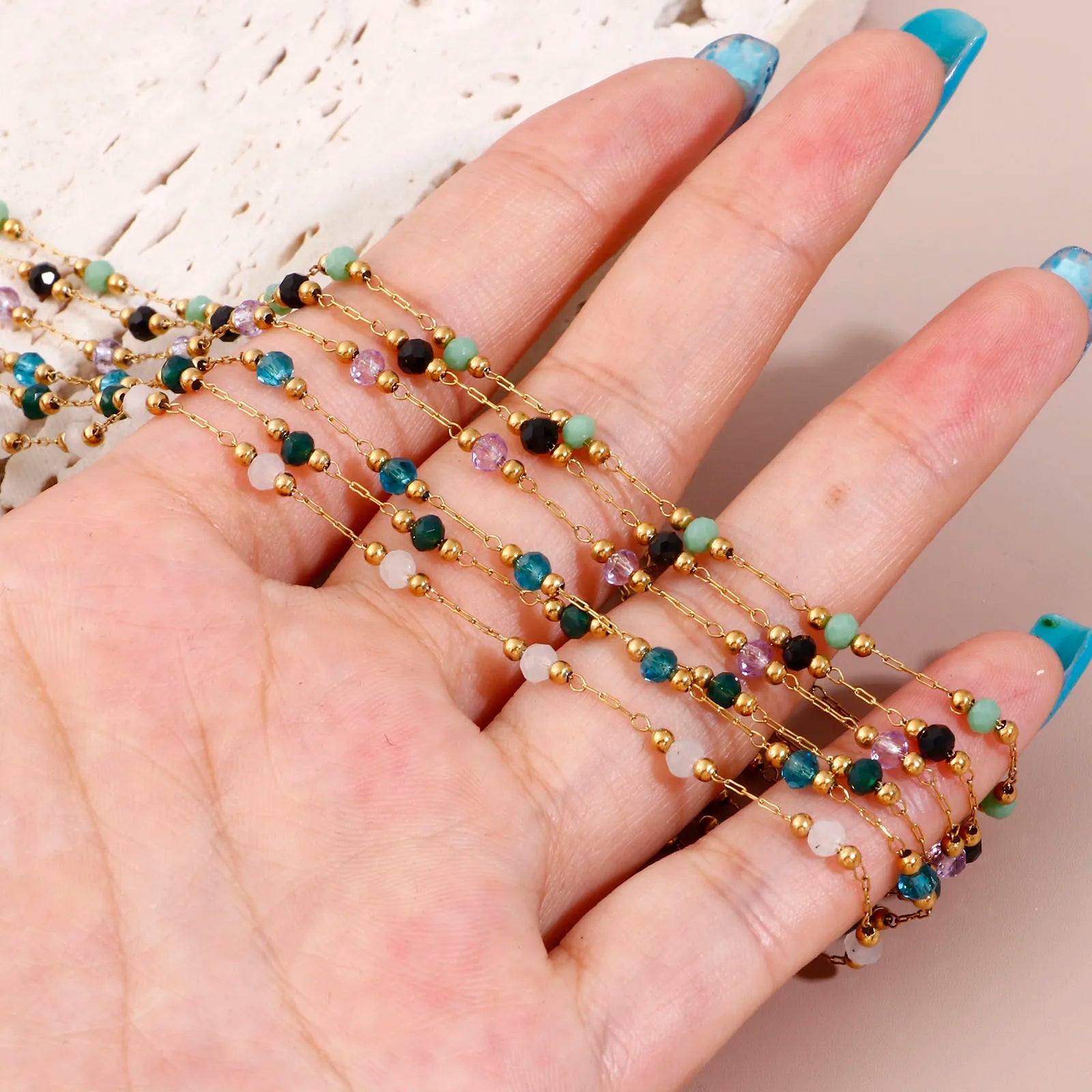 304 Edelstahl Fußkettchen Für Frauen Sommer Strand Fuß Show Schmuck Naturstein Perlen Gliederkette Fußkettchen 25cm lang, 1 Stück