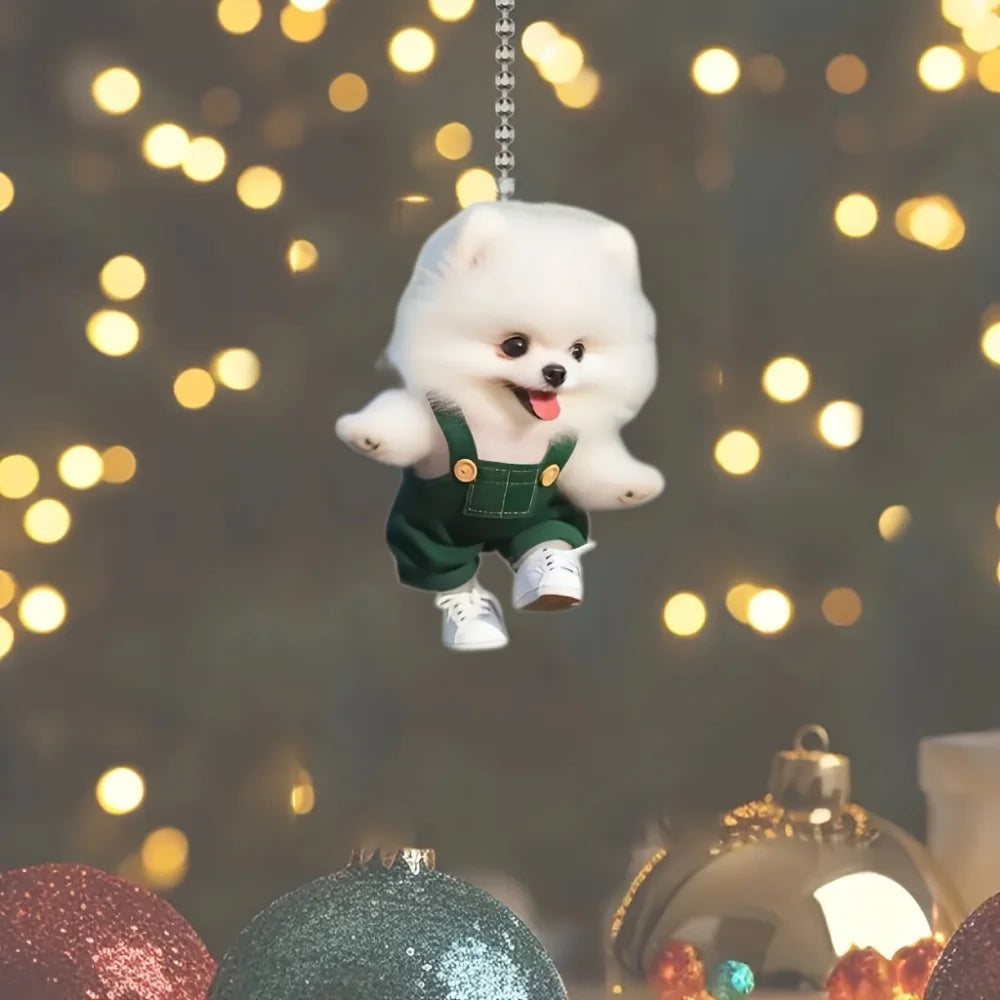 Rompers Dressed Pomeranian Dog Pendant Keychain,Cute Puppy 2D Flat Acrylic Ornament,Hanging Decoration for Car,Bags,Festive,Gift