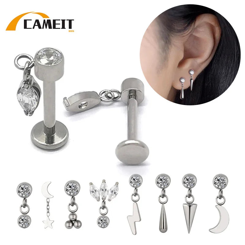 G23 Titan Ohrpiercing Anhänger Kette Ohrstecker mit CZ Top Labret Lippe Knorpel Unisex Ohrring Body Piercing Schmuck