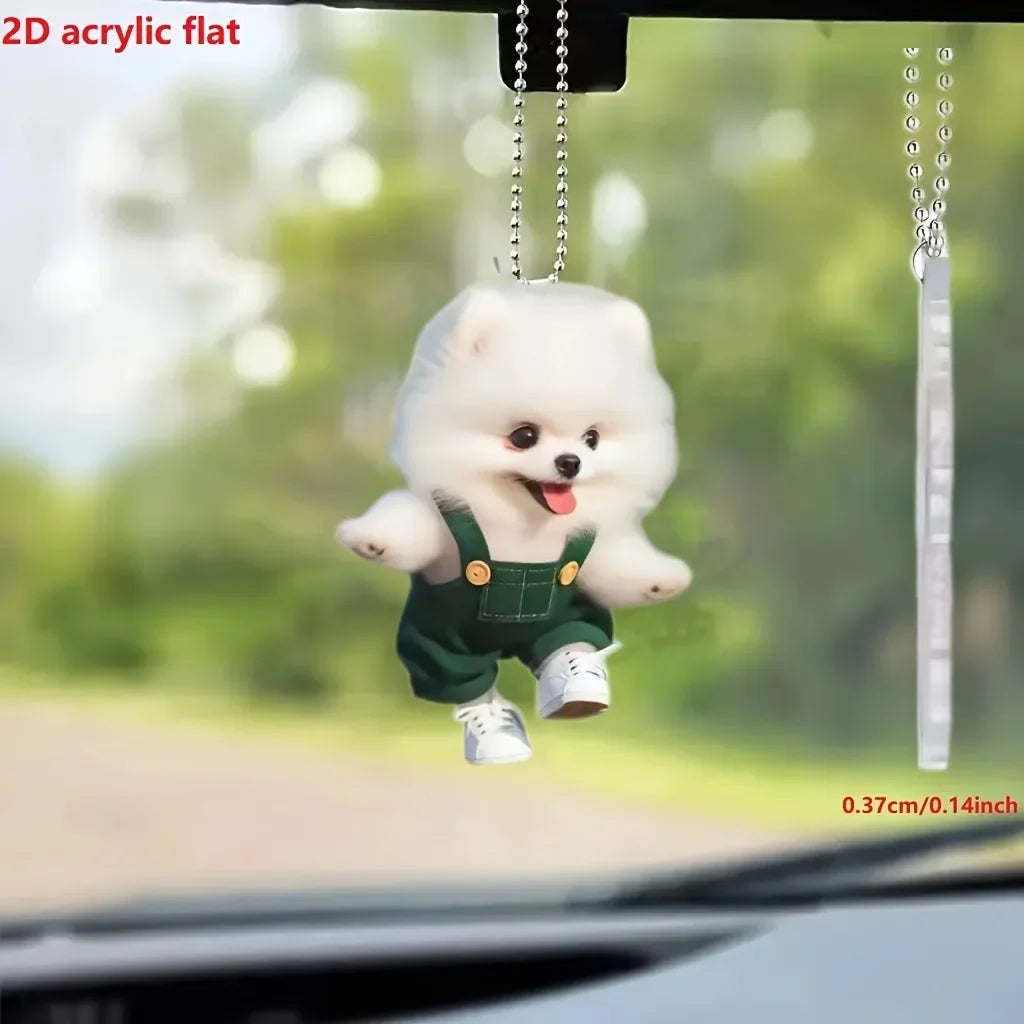 Rompers Dressed Pomeranian Dog Pendant Keychain,Cute Puppy 2D Flat Acrylic Ornament,Hanging Decoration for Car,Bags,Festive,Gift