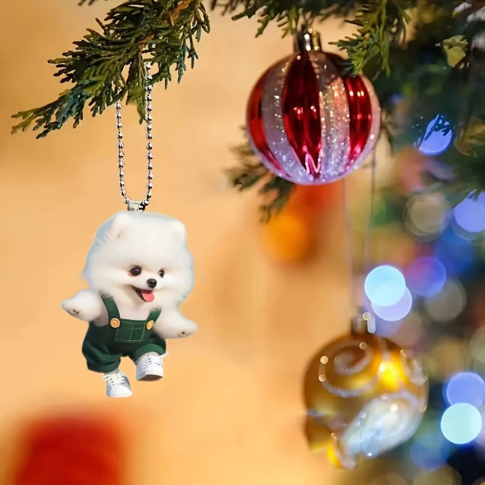 Rompers Dressed Pomeranian Dog Pendant Keychain,Cute Puppy 2D Flat Acrylic Ornament,Hanging Decoration for Car,Bags,Festive,Gift