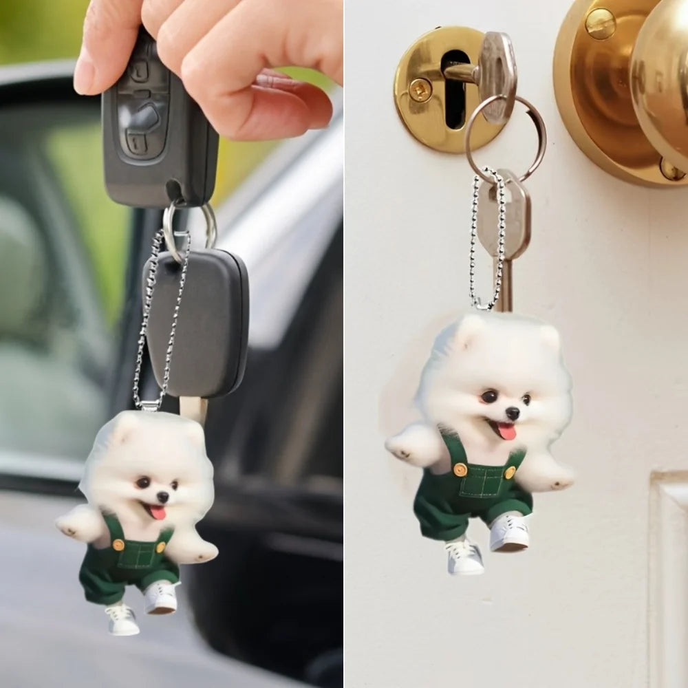 Rompers Dressed Pomeranian Dog Pendant Keychain,Cute Puppy 2D Flat Acrylic Ornament,Hanging Decoration for Car,Bags,Festive,Gift