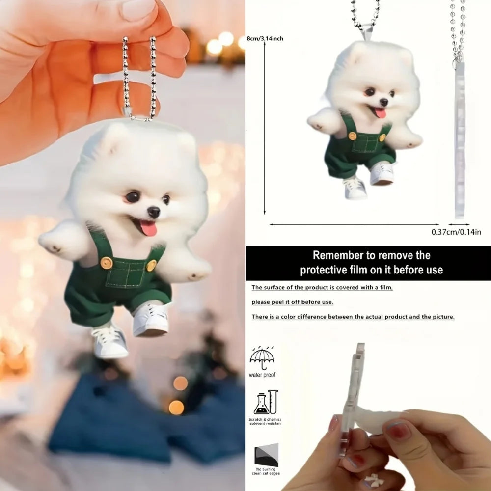 Rompers Dressed Pomeranian Dog Pendant Keychain,Cute Puppy 2D Flat Acrylic Ornament,Hanging Decoration for Car,Bags,Festive,Gift